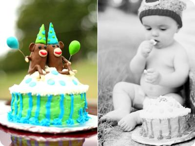 1st Birthday Cake w/ Twin Sock Monkeys (1 with Angel Wings)